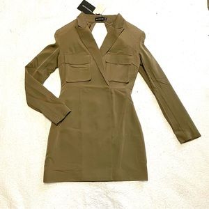 Pretty Little Thing Women's Khaki Blazer Dress (US 4) Open Back Shoulder Pads
